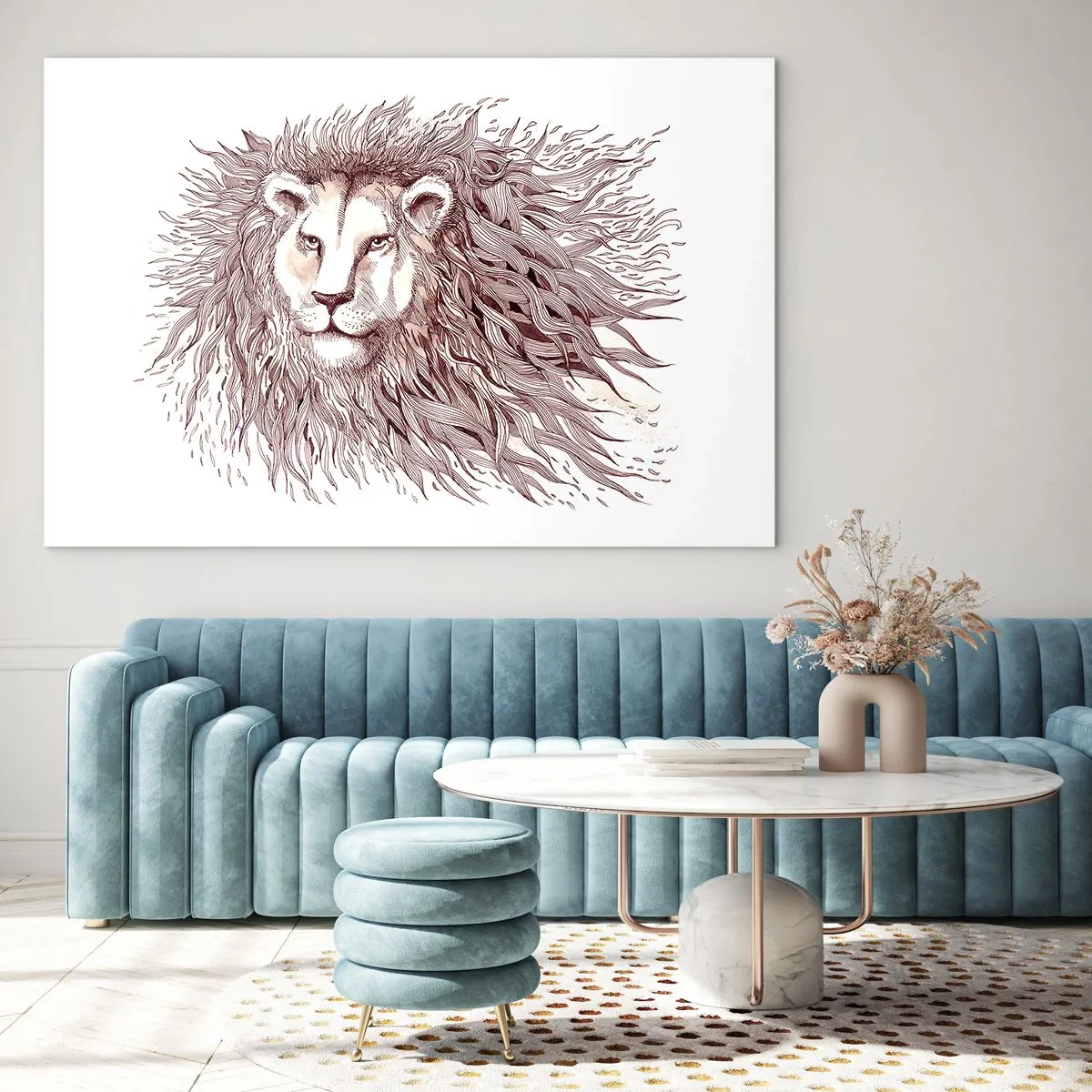 Impression sur verre - Image sur verre - Portrait d'un lion avec une crinière impressionnante dans un style monochrome - 100x70cm - Un souverain fougueux - Décoration murale moderne pour le salon et la chambre ARTTOR