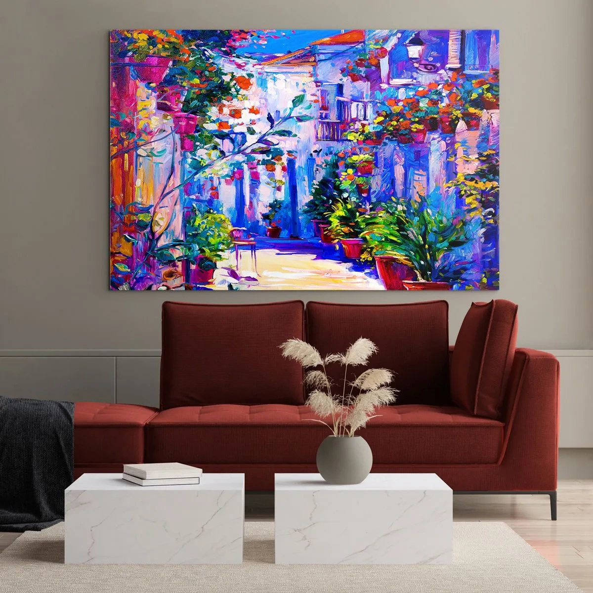 Impression sur verre - Image sur verre - Une rue colorée avec des plantes fleuries et de la lumière - 120x80cm - Impression - une rue italienne - Décoration murale moderne pour le salon et la chambre ARTTOR