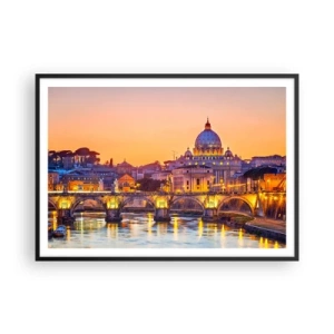 Affiche dans un cadre noir - Poster - Panorama du Vatican au coucher du soleil avec un pont sur la rivière - 100x70cm - Coucher de soleil sur la ville éternelle - Décoration murale moderne pour le salon et la chambre ARTTOR