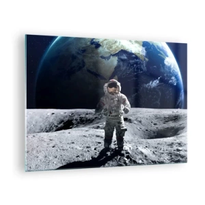 Impression sur verre - Image sur verre - Astronaute à la surface de la Lune avec la Terre en arrière-plan - 70x50cm - Salutations de la lune - Décoration murale moderne pour le salon et la chambre ARTTOR
