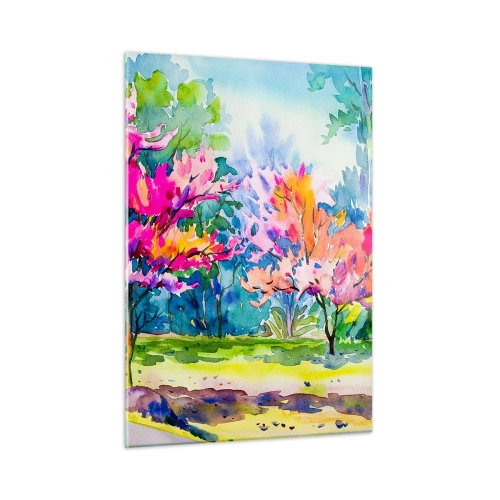Impression sur verre - Image sur verre - Arbres colorés dans le parc peints avec la technique de l'aquarelle - 50x70cm - Jardin arc-en-ciel à la lumière du printemps - Décoration murale moderne pour le salon et la chambre ARTTOR
