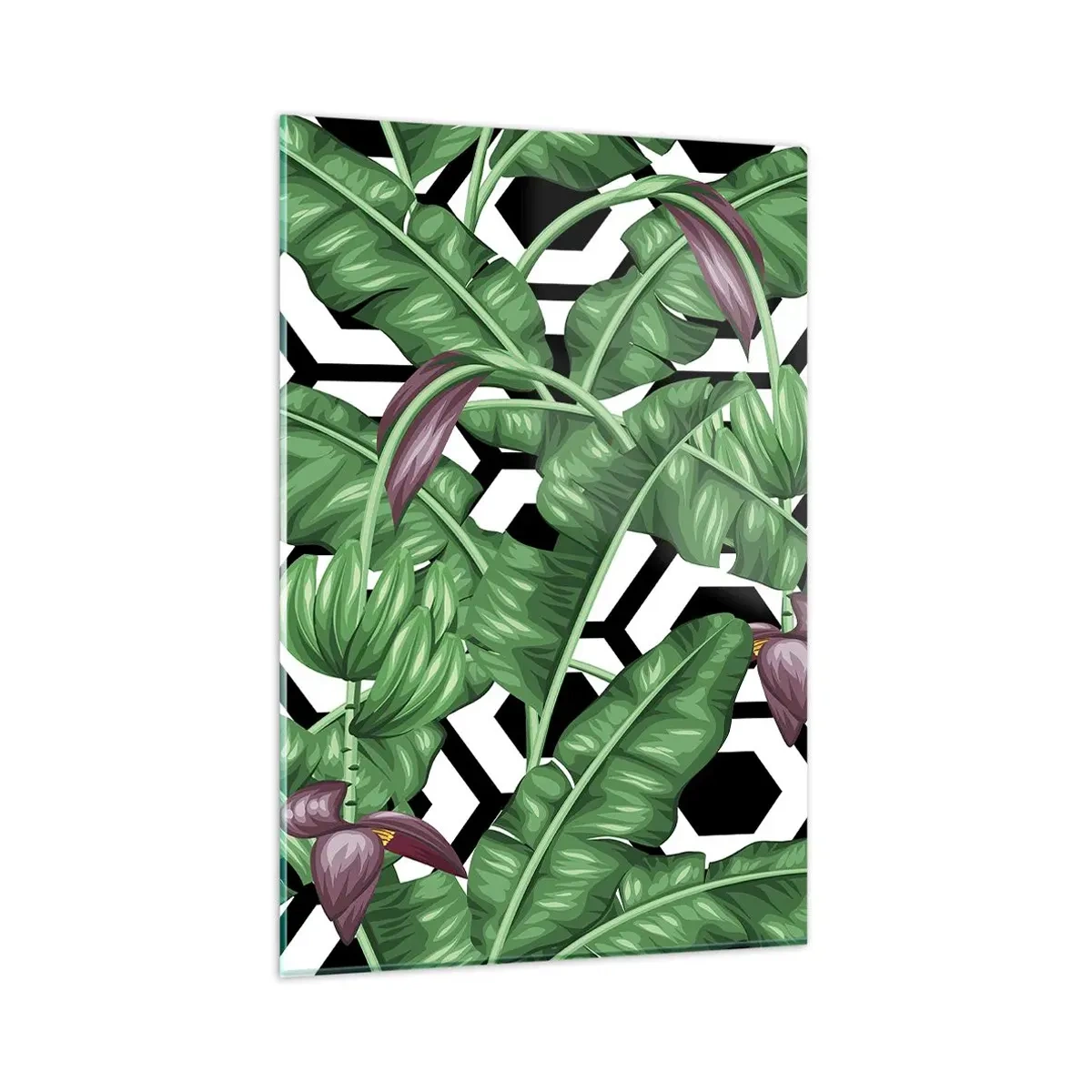 Impression sur verre - Image sur verre - Feuilles tropicales sur fond géométrique - 80x120cm - Une composition symétrique par nature - Décoration murale moderne pour le salon et la chambre ARTTOR