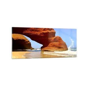 Impression sur verre - Image sur verre - Une arche rocheuse naturelle sur une plage avec un ciel bleu et des vagues - 120x50cm - L'eau et le vent depuis des milliers d'années - Décoration murale moderne pour le salon et la chambre ARTTOR