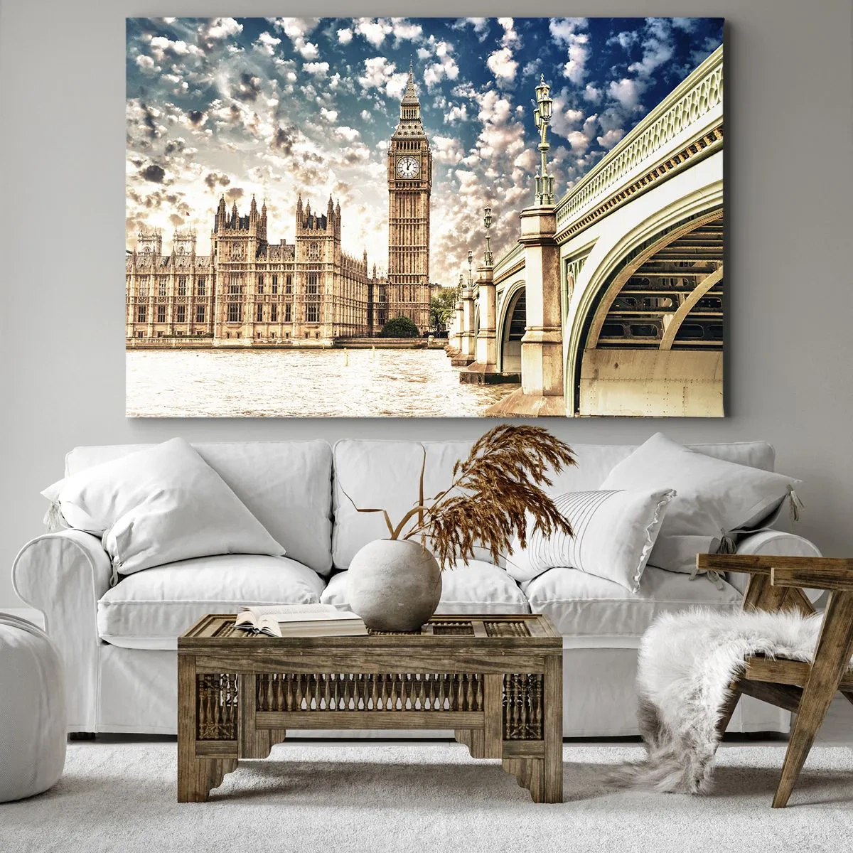 Impression sur toile - Image sur toile - Big Ben et le pont de Westminster illuminés par le soleil à Londres - 120x80cm - Nuages