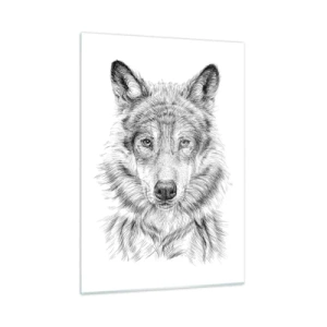 Impression sur verre - Image sur verre - Croquis noir et blanc d'une tête de loup sur fond blanc - 50x70cm - Un leader né - Décoration murale moderne pour le salon et la chambre ARTTOR