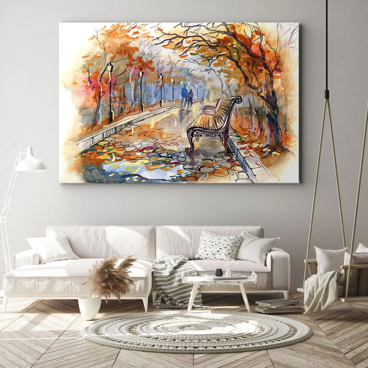 Impression sur toile - Image sur toile - Un parc d'automne avec un banc à l'aquarelle - 120x80cm - Errer ensemble à l'automne - Décoration murale moderne pour le salon et la chambre ARTTOR