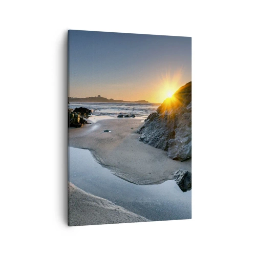 Impression sur toile - Image sur toile - Coucher de soleil pittoresque sur une plage rocheuse - 50x70cm - Intouché par la main de l'homme - Décoration murale moderne pour le salon et la chambre ARTTOR