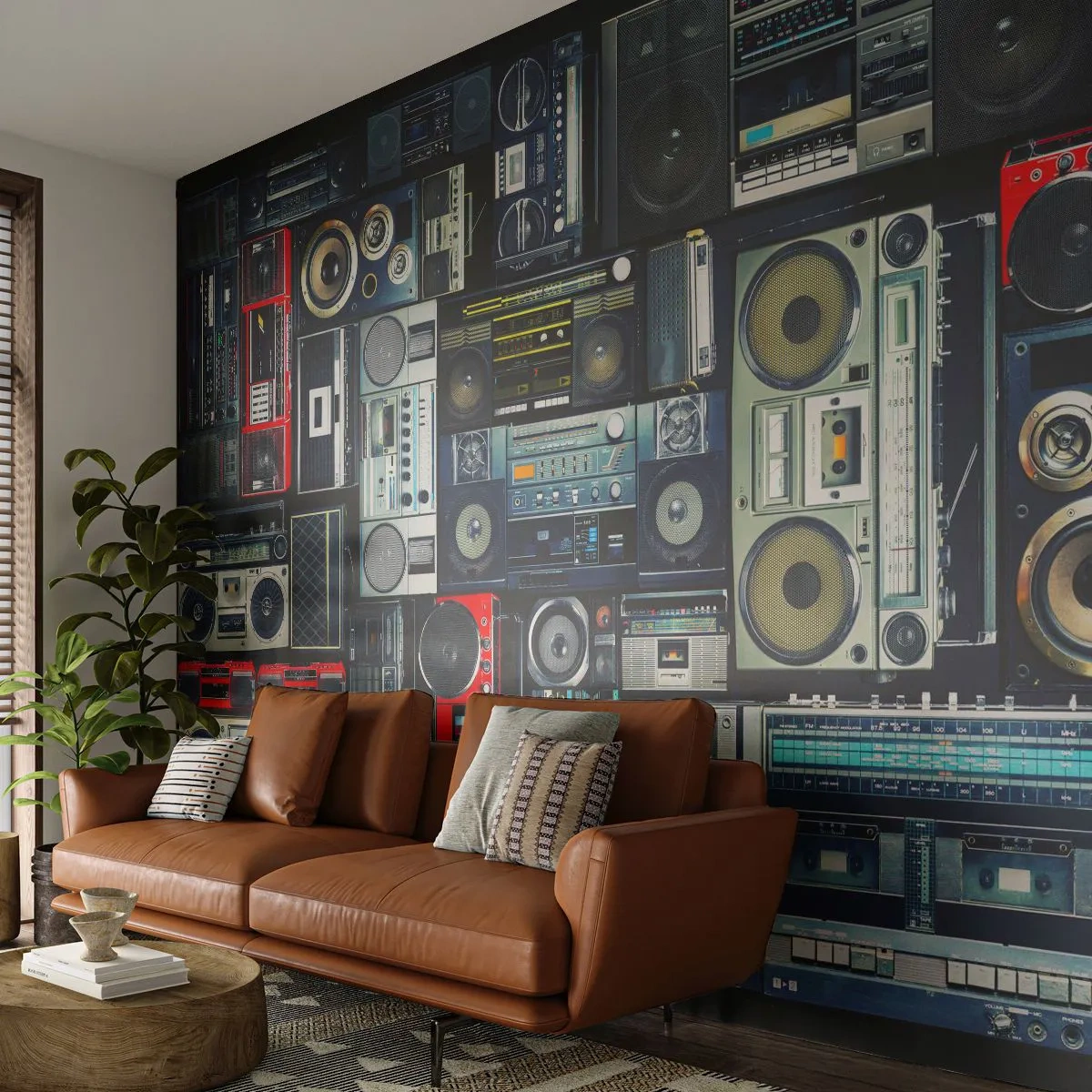 Papier Peint Photo Standard Eco - Nostalgie des années 80 - Magnétophone, Amplificateur de musique, Équipement musical vintage - 350x256 cm