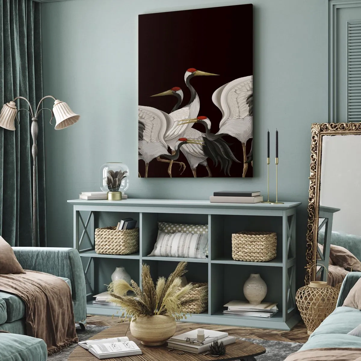 Impression sur toile - Image sur toile - Grues blanches avec des accents rouges sur fond noir - 80x120cm - Histoire d'oiseaux - Décoration murale moderne pour le salon et la chambre ARTTOR