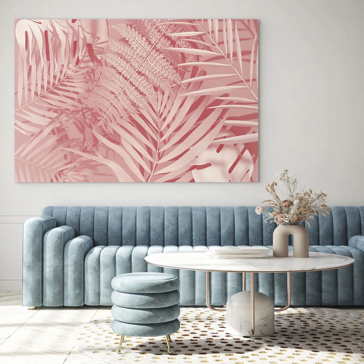 Impression sur verre - Image sur verre - Feuilles tropicales roses dans une composition moderne - 100x70cm - Concept de rose - Décoration murale moderne pour le salon et la chambre ARTTOR
