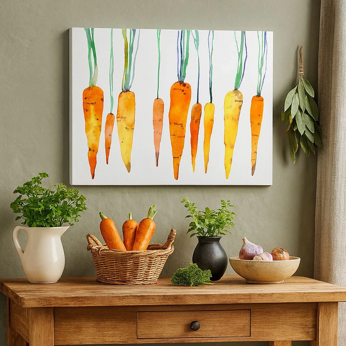 Impression sur toile - Image sur toile - Carottes à l'aquarelle dans différentes nuances sur fond blanc - 70x50cm - La beauté de l'ordinaire - Décoration murale moderne pour le salon et la chambre ARTTOR