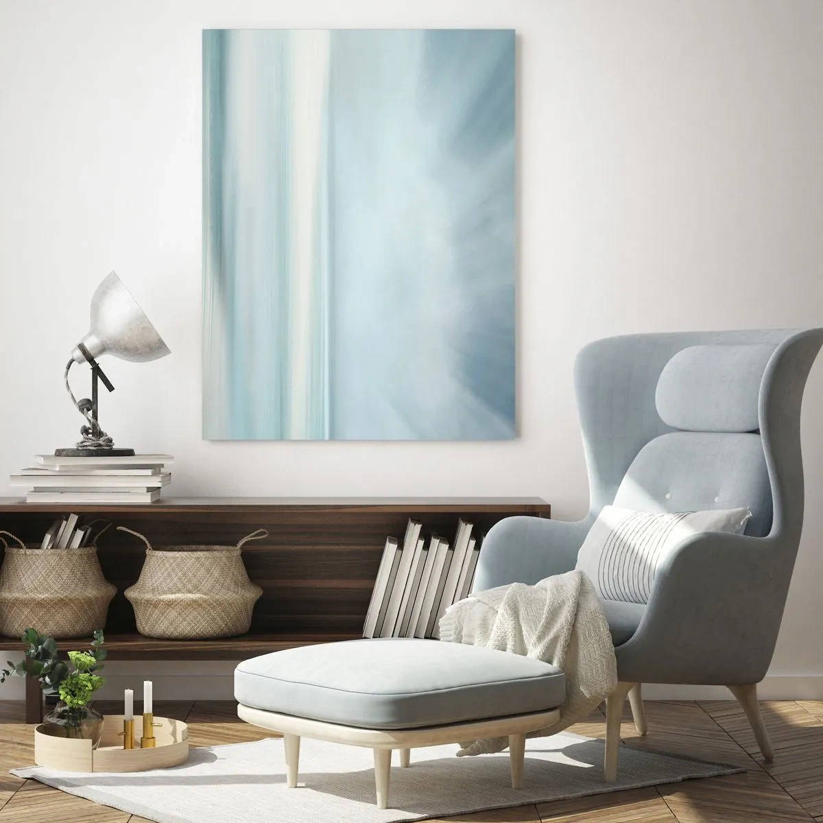 Impression sur verre - Image sur verre - Un paysage minimaliste aux nuances délicates de bleu - 80x120cm - Paix à l'horizon - Décoration murale moderne pour le salon et la chambre ARTTOR