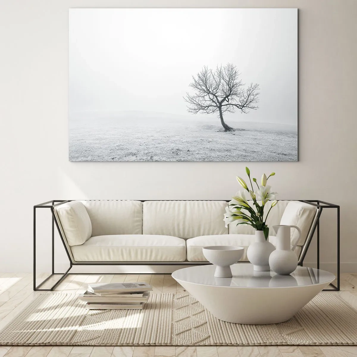 Impression sur verre - Image sur verre - Un arbre solitaire contre le brouillard dans une composition monochrome - 70x50cm - Contre le néant - Décoration murale moderne pour le salon et la chambre ARTTOR