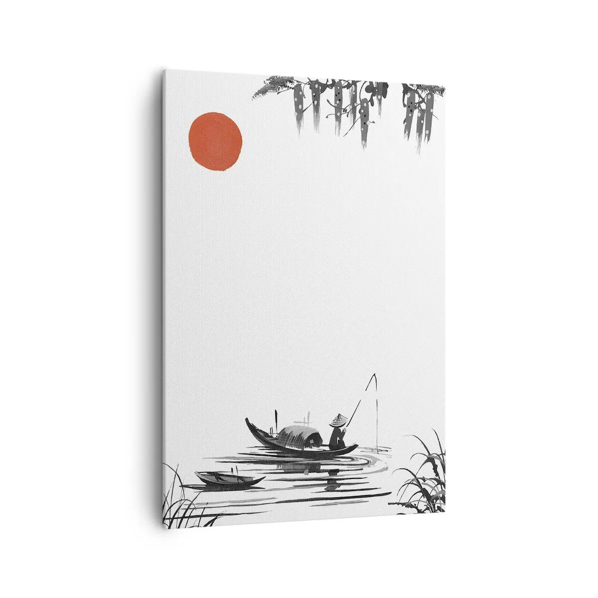 Impression sur toile - Image sur toile - Paysage oriental avec un pêcheur sur un bateau et un soleil rouge - 70x100cm - Après-midi asiatique - Décoration murale moderne pour le salon et la chambre ARTTOR