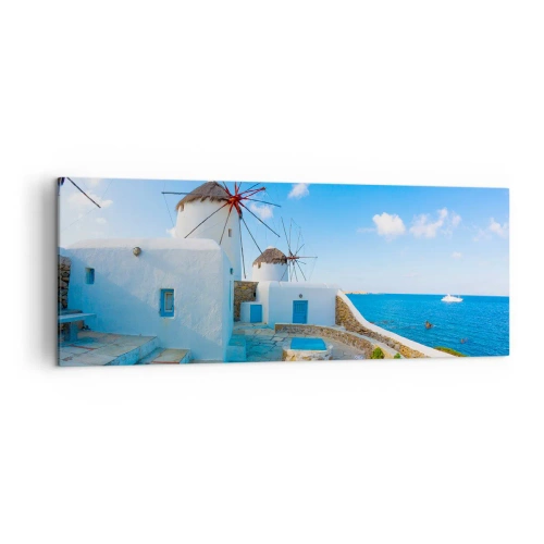 Impression sur toile - Image sur toile - Des moulins à vent blancs sur les rives de la mer bleue - 140x50cm - Le vent bleu de la mer - Décoration murale moderne pour le salon et la chambre ARTTOR