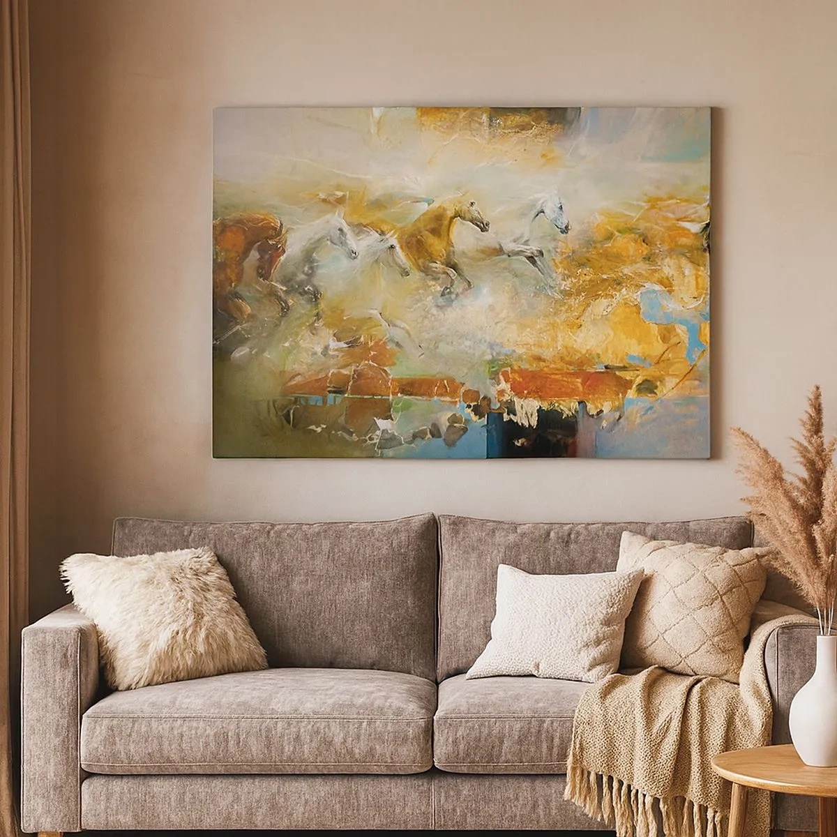 Impression sur toile - Image sur toile - Des chevaux artistiques dans un cadre dynamique et coloré - 70x50cm - Au galop vers la lumière - Décoration murale moderne pour le salon et la chambre ARTTOR