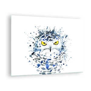 Impression sur verre - Image sur verre - Portrait artistique d'un hibou aux yeux jaunes et aux détails abstraits. - 70x50cm - Droit dans les yeux - Décoration murale moderne pour le salon et la chambre ARTTOR