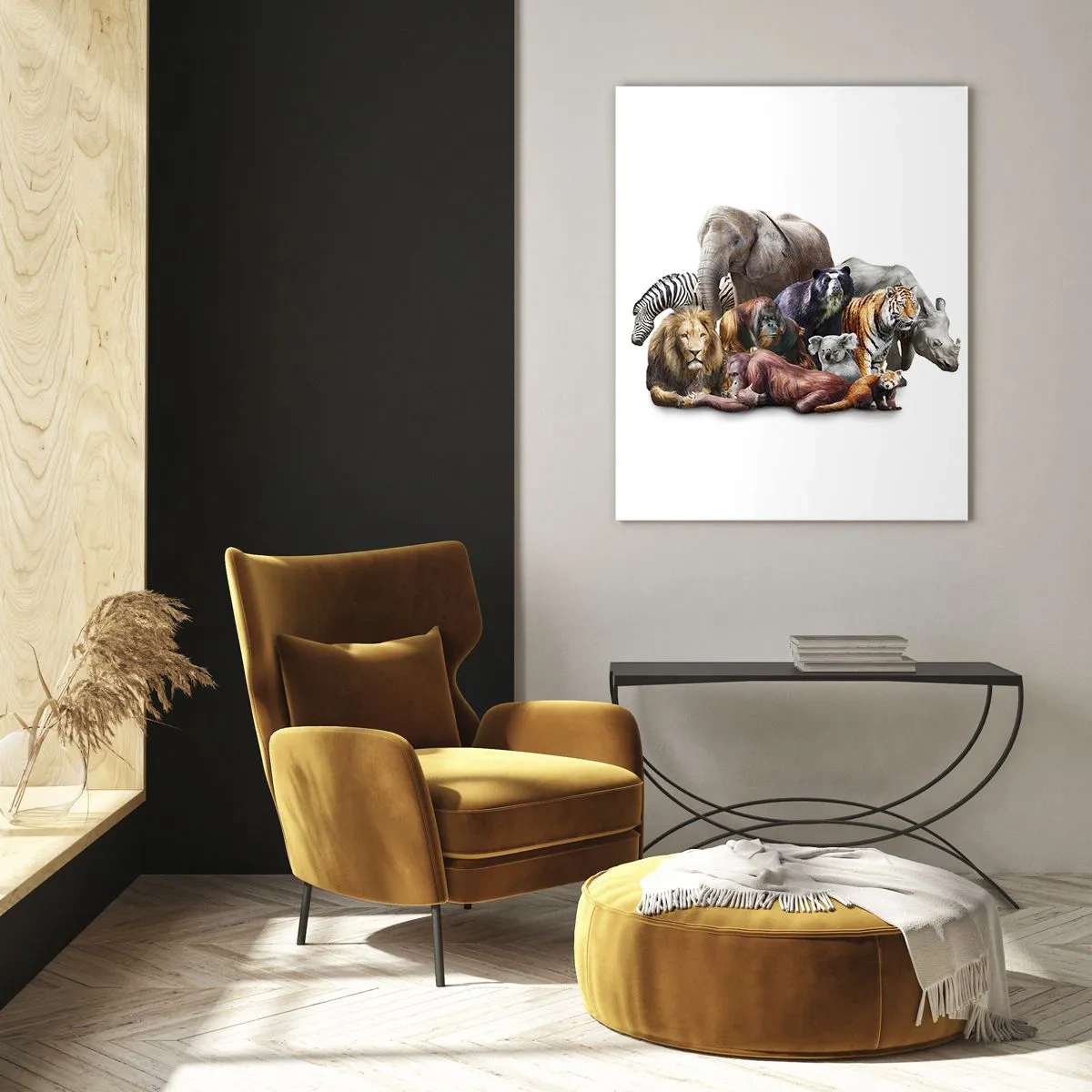 Impression sur verre - Image sur verre - Une variété d'animaux sauvages dans une composition de groupe - 80x120cm - Photographie de famille africaine - Décoration murale moderne pour le salon et la chambre ARTTOR