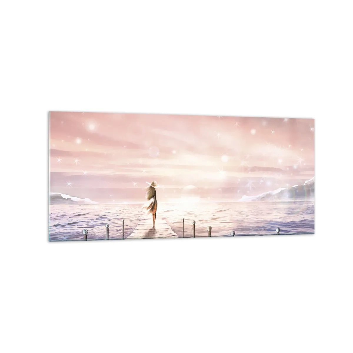 Impression sur verre - Image sur verre - Une femme sur une jetée dans un décor de coucher de soleil magique - 120x50cm - A la lumière d'un rêve - Décoration murale moderne pour le salon et la chambre ARTTOR