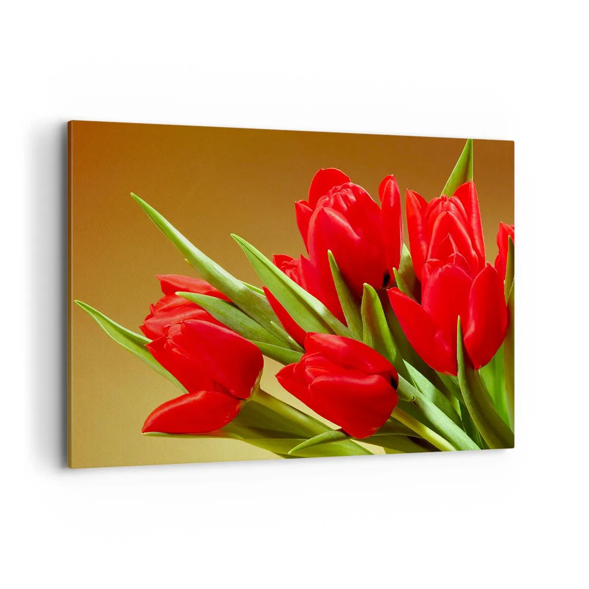 Impression sur toile - Image sur toile - Un bouquet de tulipes rouges sur fond doré avec des feuilles vertes. - 100x70cm - Amas de joie printanière - Décoration murale moderne pour le salon et la chambre ARTTOR
