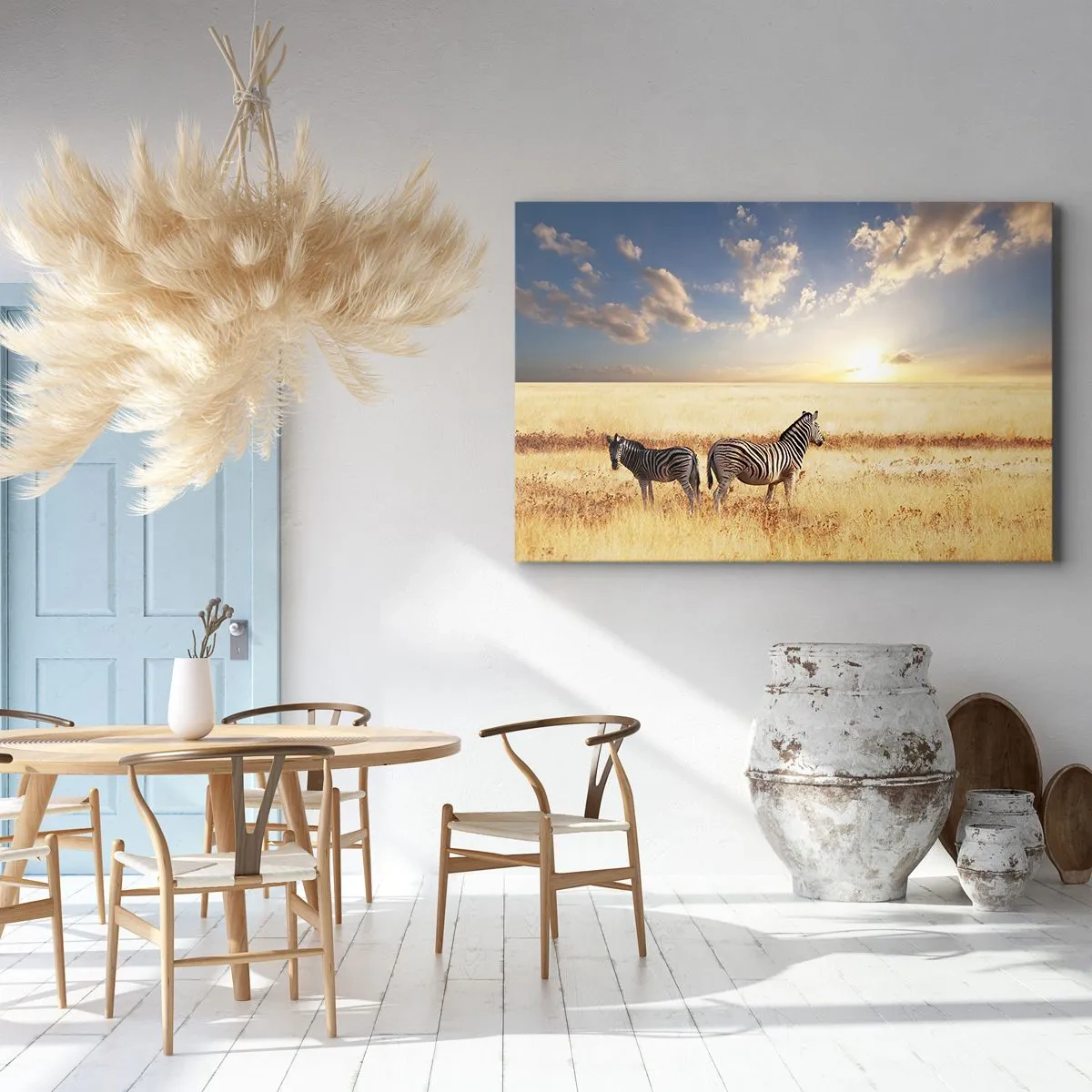 Impression sur toile - Image sur toile - Deux zèbres dans la savane sous les rayons du soleil couchant - 100x70cm - Va-t'en, n'ai pas de paix - Décoration murale moderne pour le salon et la chambre ARTTOR