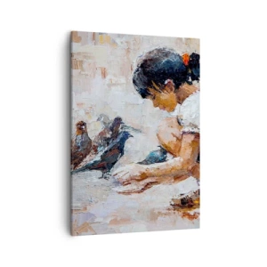 Impression sur toile - Image sur toile - Une fille nourrissant des oiseaux dans un style pictural - 50x70cm - Les plus petits et les plus gentils - Décoration murale moderne pour le salon et la chambre ARTTOR
