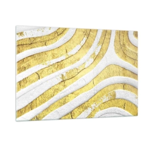 Impression sur verre - Image sur verre - Vagues abstraites dorées et blanches avec un effet texturé - 120x80cm - Composition en blanc et or - Décoration murale moderne pour le salon et la chambre ARTTOR