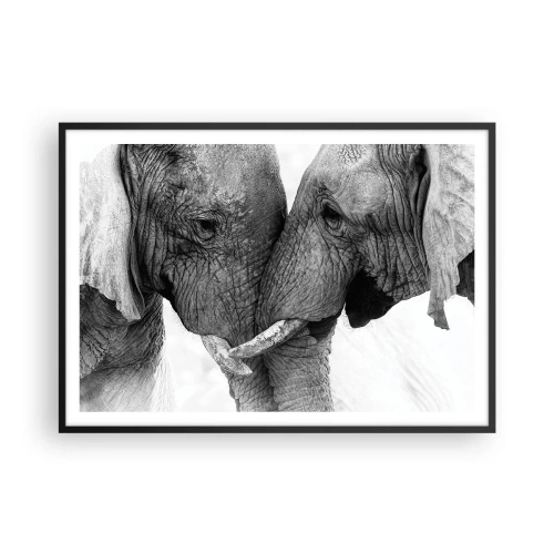 Affiche dans un cadre noir - Poster - Deux éléphants dans un geste tendre sur un fond monochrome - 100x70cm - Confession sincère - Décoration murale moderne pour le salon et la chambre ARTTOR