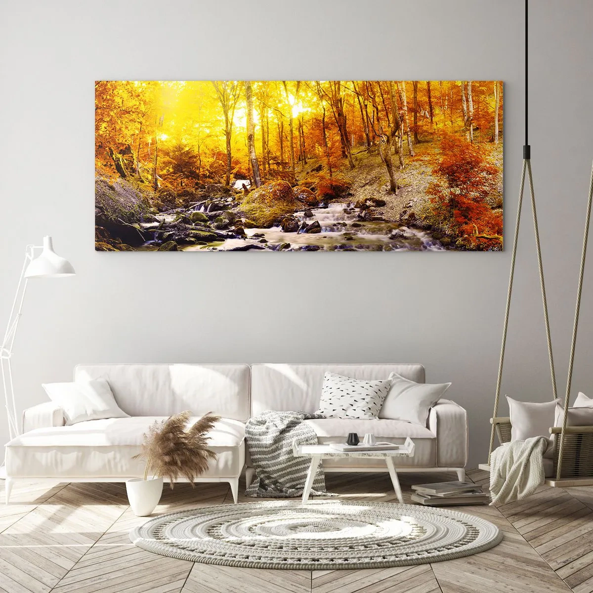Impression sur verre - Image sur verre - Forêt d'automne avec un ruisseau parmi les feuilles dorées - 160x50cm - Pierres serties d'or et de platine - Décoration murale moderne pour le salon et la chambre ARTTOR