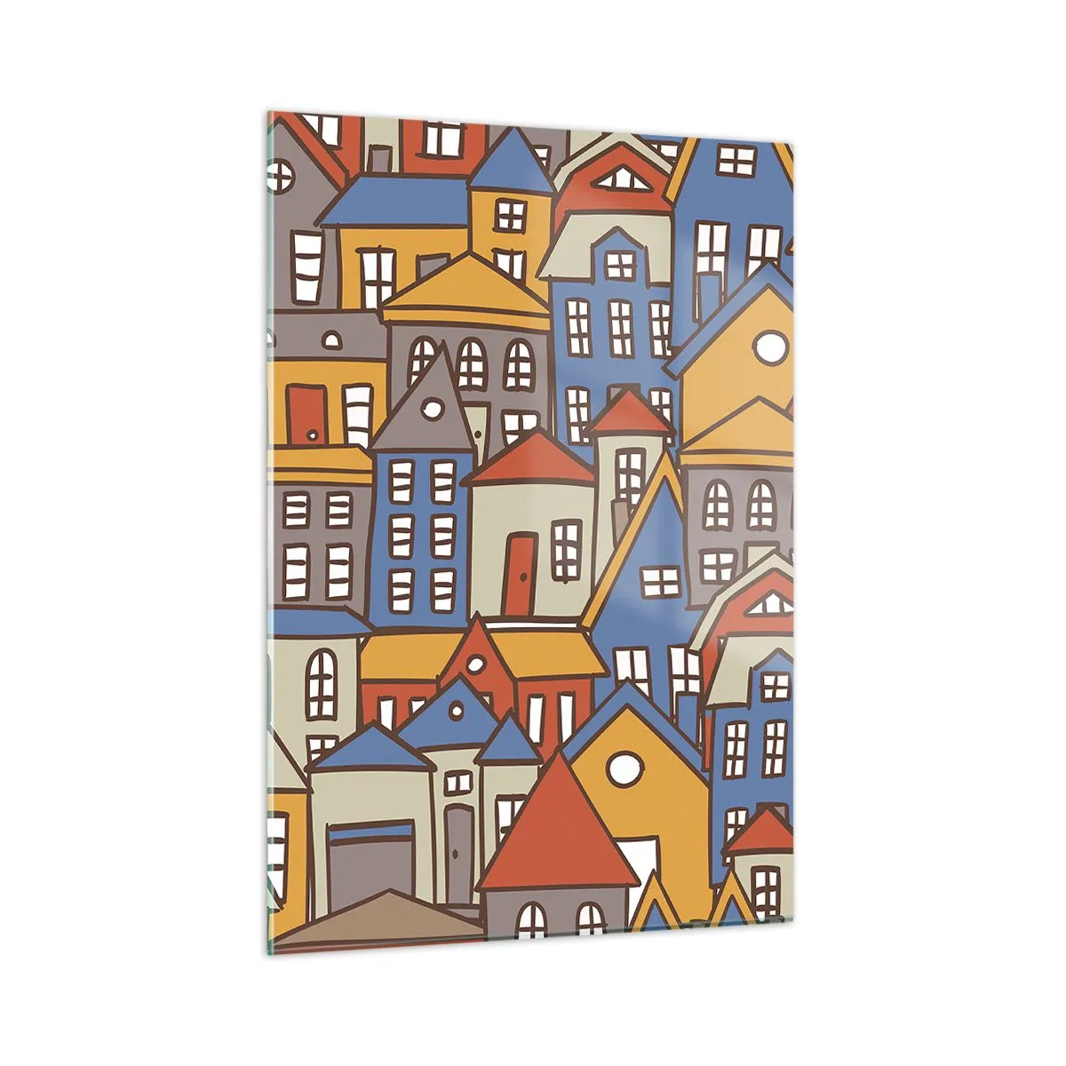 Impression sur verre - Image sur verre - Des maisons colorées dans un style graphique créent un paysage joyeux - 50x70cm - Derrière la maison, une maison - Décoration murale moderne pour le salon et la chambre ARTTOR