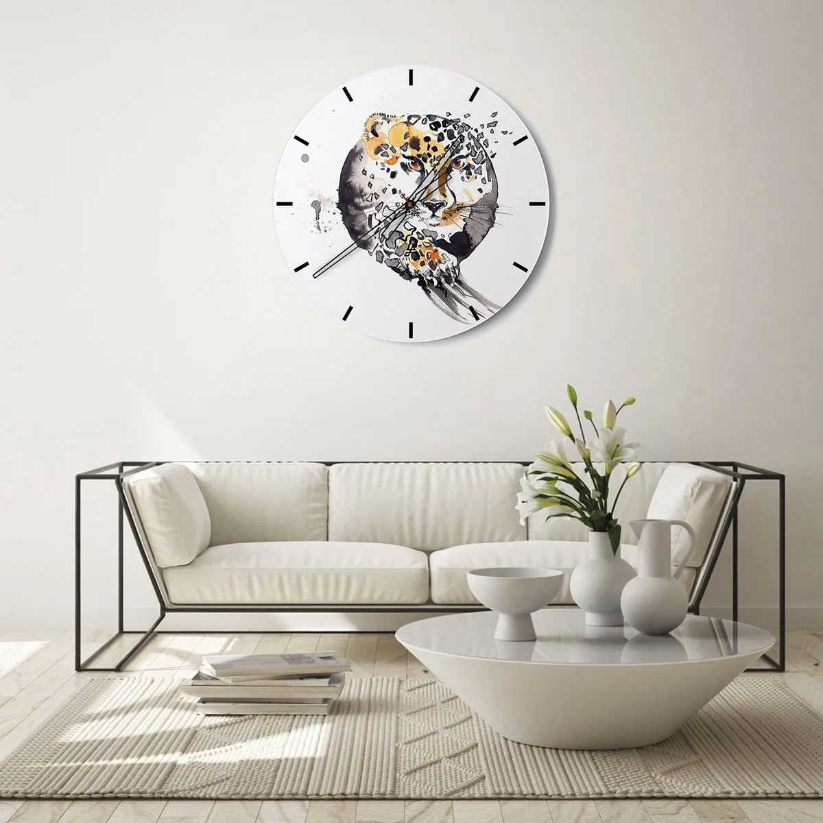 Horloge murale - Pendule murale - Léopard sous une forme artistique avec des particules dynamiques autour de la silhouette - 30x30cm - Drapieżna uroda - Décoration murale moderne pour le salon, la cuisine et la chambre ARTTOR