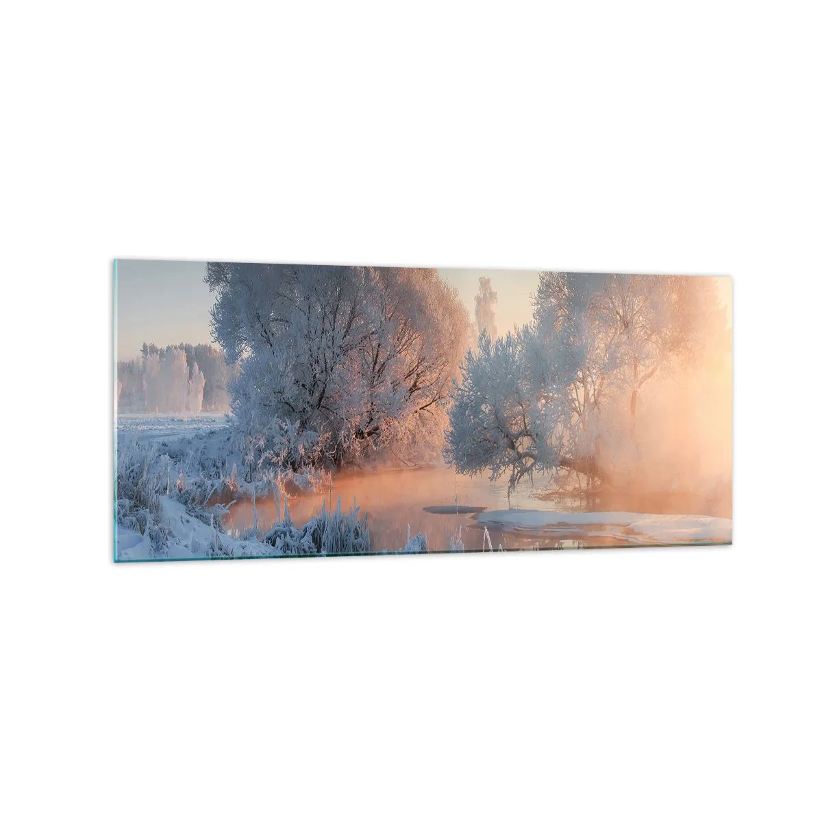 Impression sur verre - Image sur verre - Paysage d'hiver avec des arbres enneigés et un coucher de soleil - 120x50cm - Tout dans le soleil brille en cristal - Décoration murale moderne pour le salon et la chambre ARTTOR
