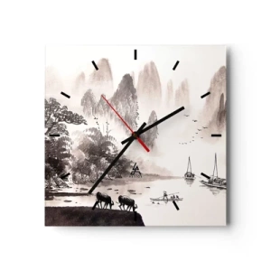 Horloge murale - Pendule murale - Un paysage pittoresque de style asiatique avec des montagnes brumeuses - 30x30cm - Le quotidien exotique de l'Orient - Décoration murale moderne pour le salon et la chambre ARTTOR