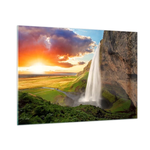 Impression sur verre - Image sur verre - Cascade islandaise sous les rayons du soleil couchant - 100x70cm - La plénitude de l'été islandais - Décoration murale moderne pour le salon et la chambre ARTTOR