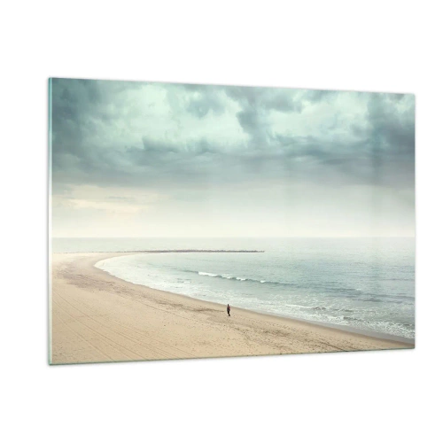 Impression sur verre - Image sur verre - Une silhouette se promenant sur une plage déserte au bord d'une mer calme - 120x80cm - à la recherche de la paix - Décoration murale moderne pour le salon et la chambre ARTTOR