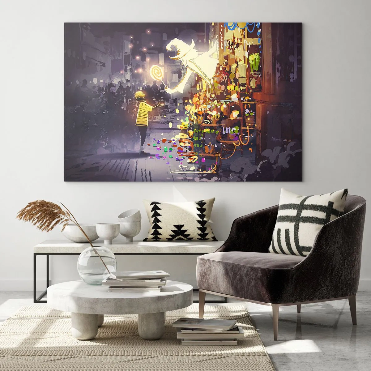 Impression sur verre - Image sur verre - Un enfant en t-shirt léger devant un stand lumineux rempli de bonbons colorés - 70x50cm - La magie existe - Décoration murale moderne pour le salon et la chambre ARTTOR