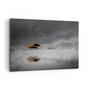 Impression sur toile - Image sur toile - Un chalet solitaire sur l'eau entouré de brouillard et d'oiseaux - 120x80cm - A l'abri de la pluie - Décoration murale moderne pour le salon et la chambre ARTTOR