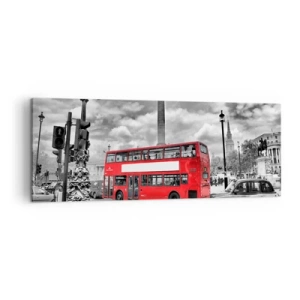Impression sur toile - Image sur toile - Un bus rouge à impériale sur fond de ville en noir et blanc - 140x50cm - La vraie circulation sanguine de la ville - Décoration murale moderne pour le salon et la chambre ARTTOR
