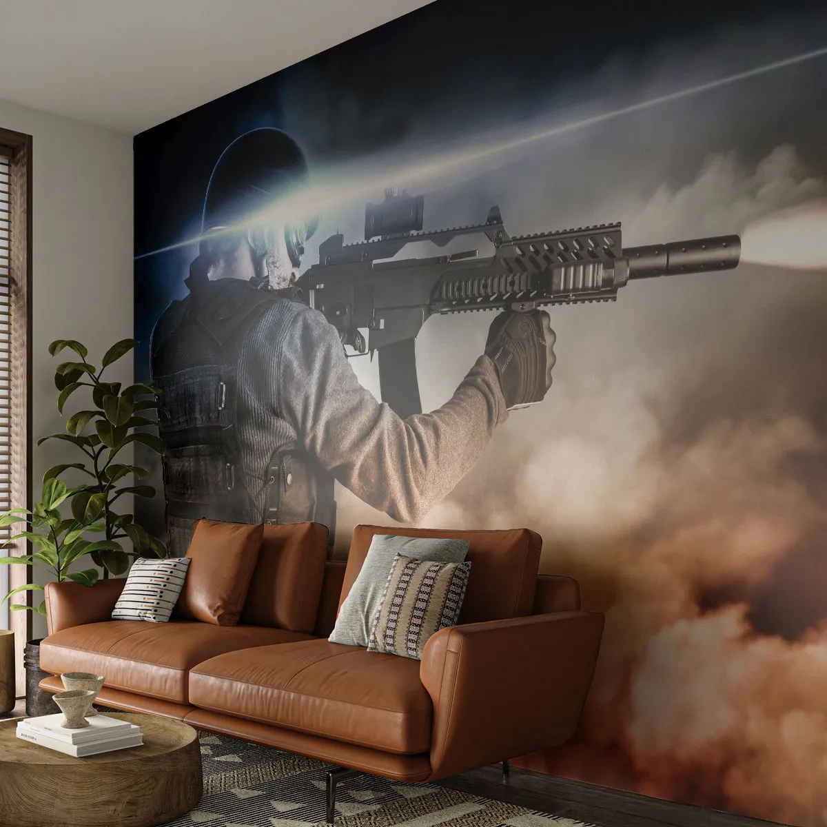 Papier Peint Photo Premium Sand - Un soldat en action avec une arme dans une scène dynamique - 100x70cm - Tout simplement un héros - Décoration murale moderne pour le salon et la chambre ARTTOR