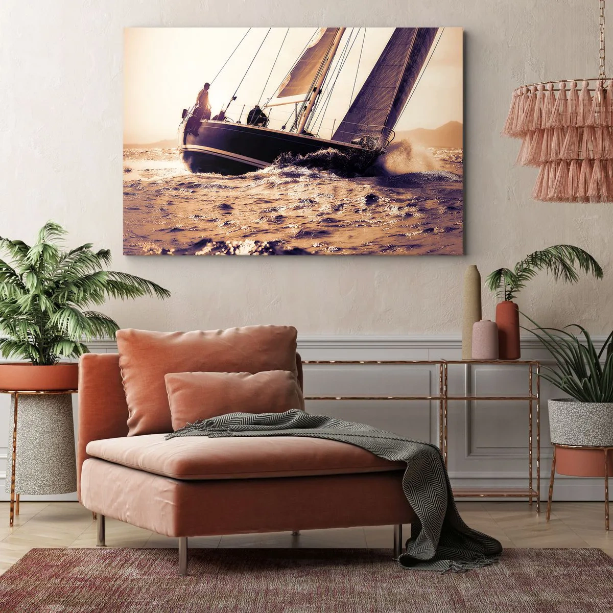 Impression sur toile - Image sur toile - Un yacht sur une mer agitée à la lumière du soleil couchant - 120x80cm - Navigue, marin - Décoration murale moderne pour le salon et la chambre ARTTOR