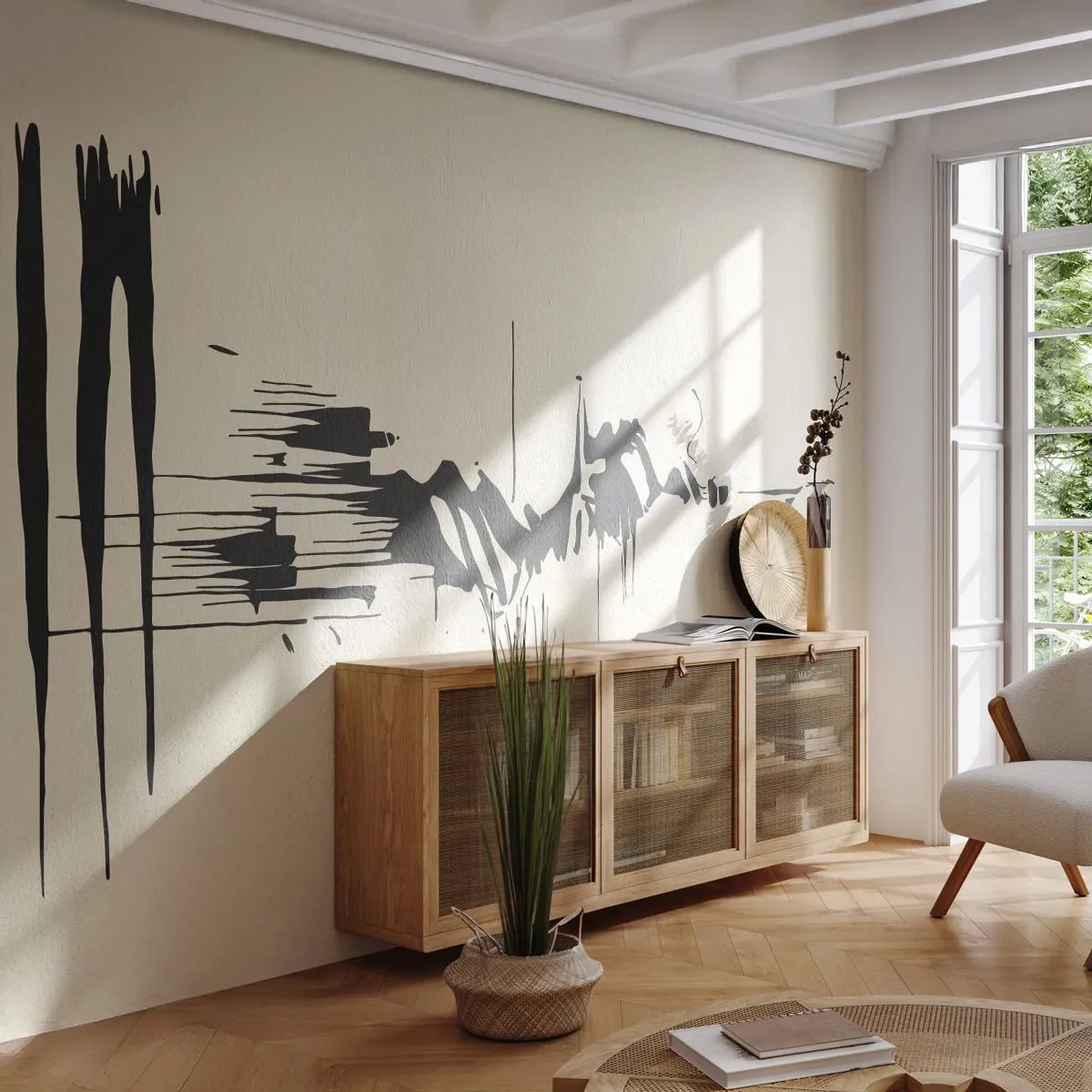 Papier Peint Photo Premium Sand - Abstraction dynamique noire sur fond beige - 100x70cm - Abstraction hâtive - Décoration murale moderne pour le salon et la chambre ARTTOR