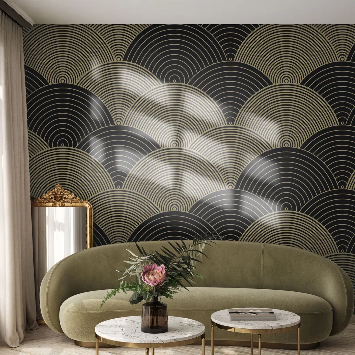 Papier Peint Photo Premium Canvas - Motif Art Déco avec demi-cercles et lignes dorées - 100x70cm - Unité dans la multiplicité - Décoration murale moderne pour le salon et la chambre ARTTOR