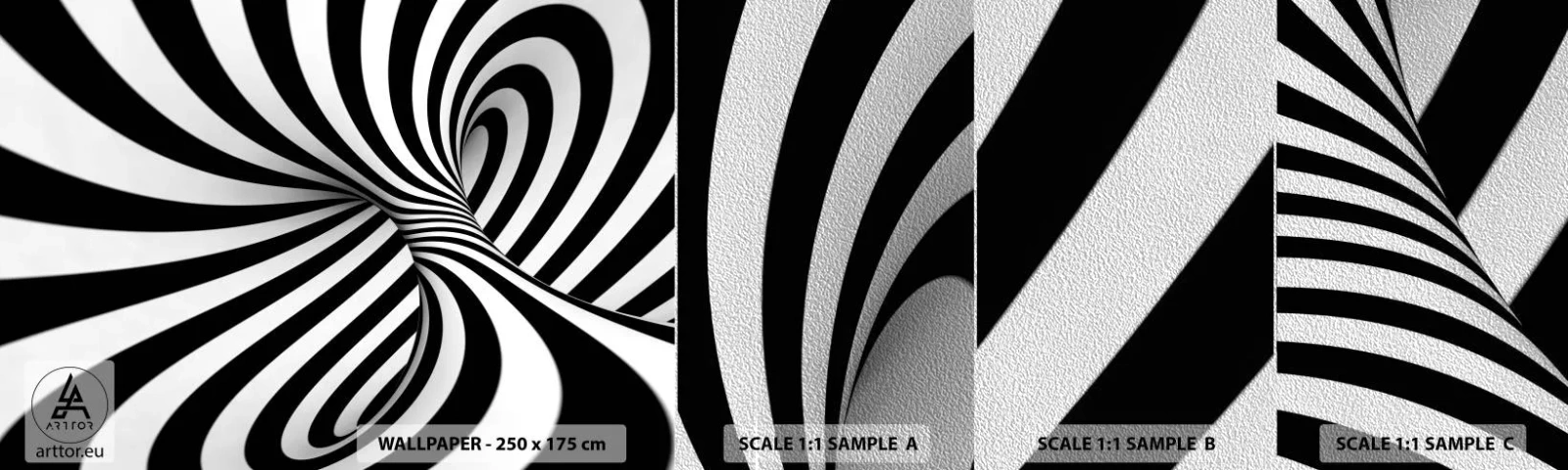 Échantillon de Papier Peint Premium Sand - Composition : espace de danse - Abstraction, 3D, Noir et blanc - 100x30 cm