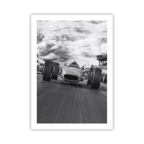 Affiche - Poster - Voiture de course rétro sur piste en noir et blanc - 50x70cm - Puissance! - Décoration murale moderne pour le salon et la chambre ARTTOR