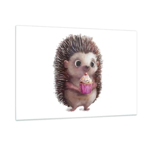 Impression sur verre - Image sur verre - Un hérisson mignon avec un cupcake sur fond blanc - 120x80cm - La fête c'est tous les jours - Décoration murale moderne pour le salon et la chambre ARTTOR