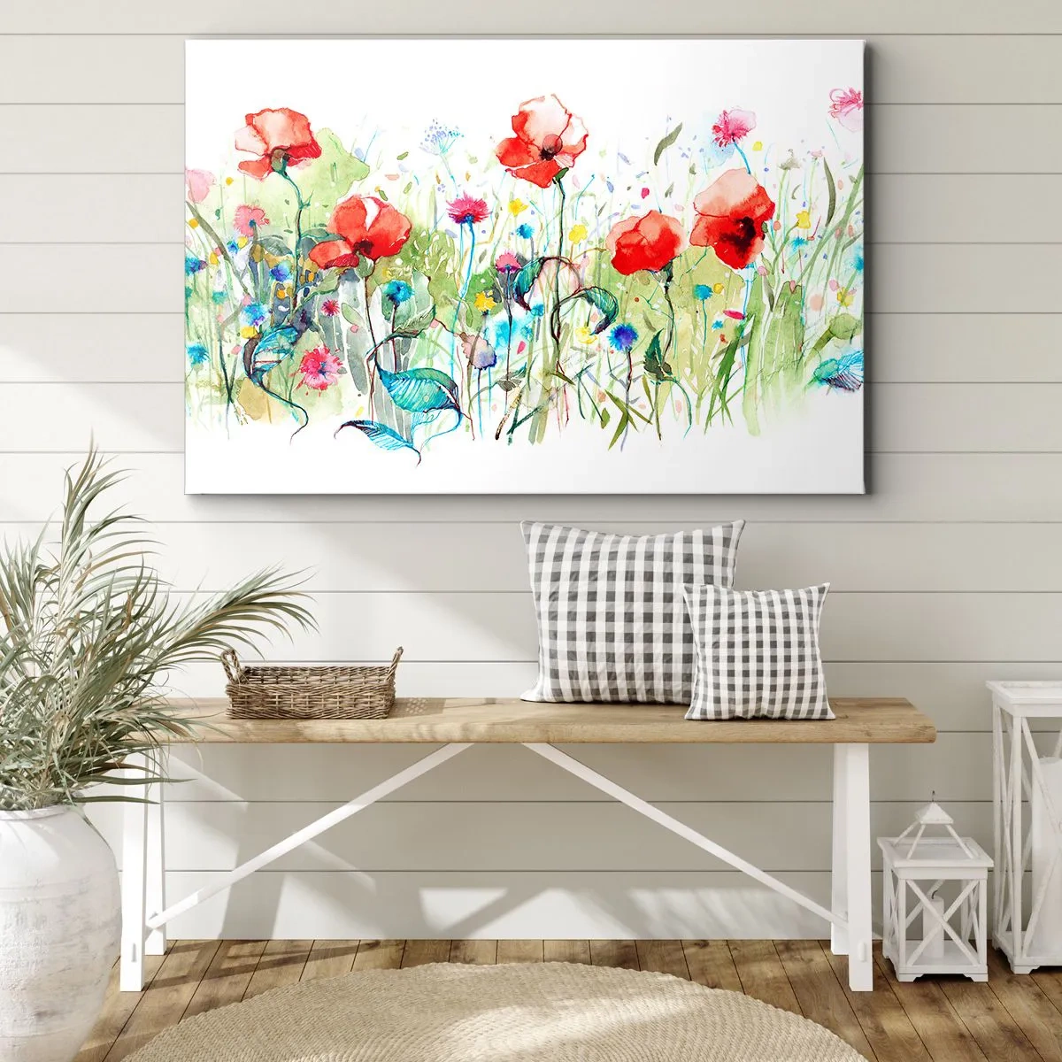 Impression sur toile - Image sur toile - Une prairie avec des coquelicots rouges et des fleurs colorées à l'aquarelle - 70x50cm - Prairie de fleurs en mai - Décoration murale moderne pour le salon et la chambre ARTTOR