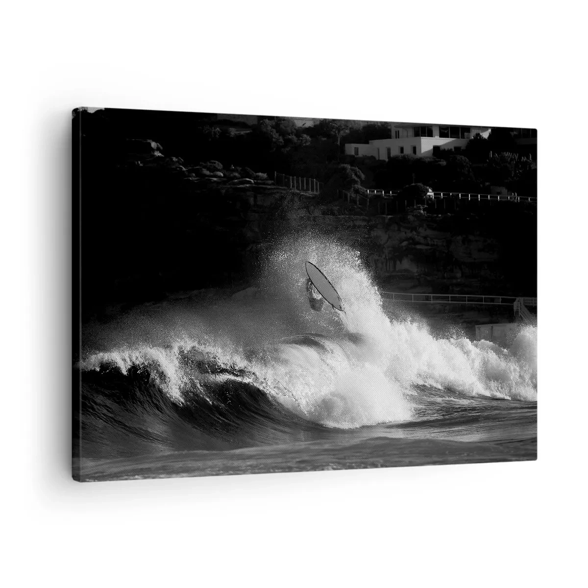 Impression sur toile - Image sur toile - Un surfeur sur une vague en monochrome - 70x50cm - Défi accepté! - Décoration murale moderne pour le salon et la chambre ARTTOR