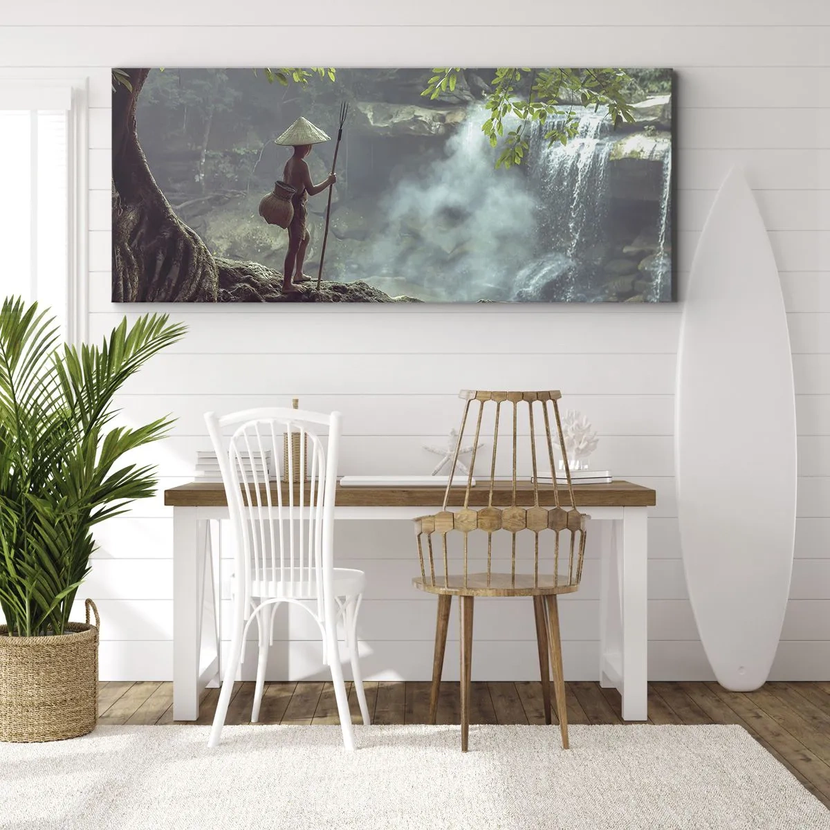 Impression sur toile - Image sur toile - Une figure avec une lance près d'une cascade dans une forêt tropicale - 140x50cm - Lier d'amitié avec la nature - Décoration murale moderne pour le salon et la chambre ARTTOR