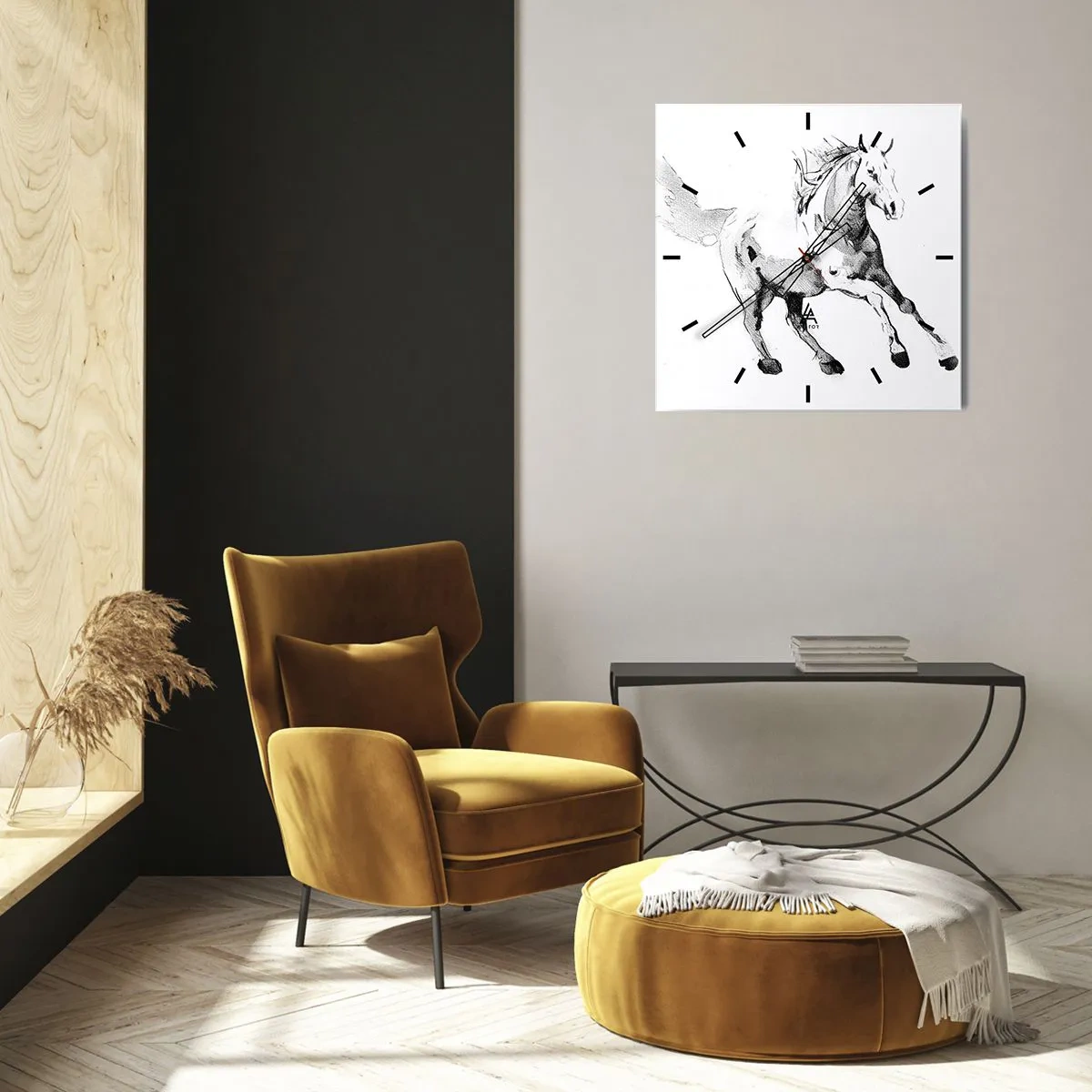Horloge murale - Pendule murale - Croquis d'un cheval au galop dans des tons de noir et blanc - 30x30cm - Âme indomptée - Décoration murale moderne pour le salon et la chambre ARTTOR