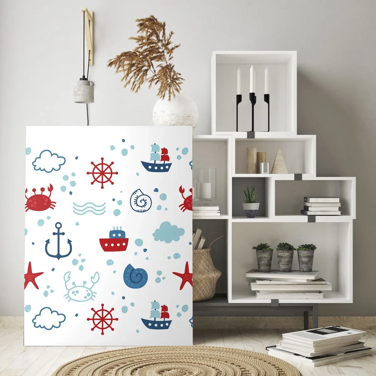 Impression sur verre - Image sur verre - Motifs nautiques avec crabes, ancres et navires - 50x70cm - Conte de fées de la mer - Décoration murale moderne pour le salon et la chambre ARTTOR